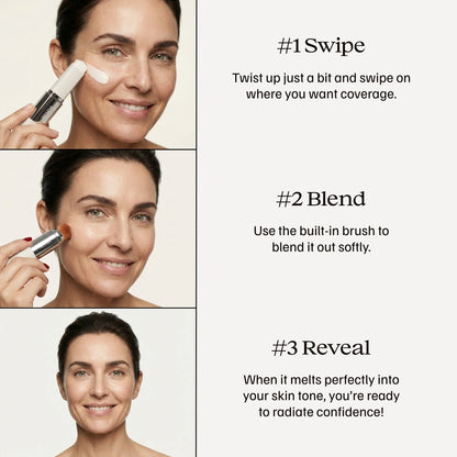 How to apply Hestia foundation stick: swipe, blend with built-in brush, reveal flawless skin