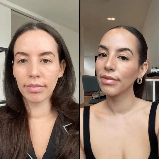 Hestia foundation stick adapting to medium-deep skin tone — before and after